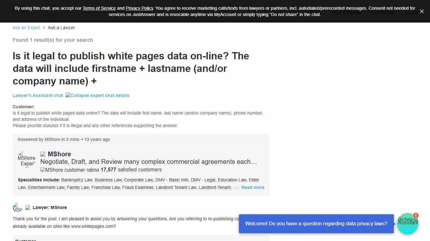 Is it legal to publish white pages data on-line? The data will include firstname + lastname (and/or company name) +