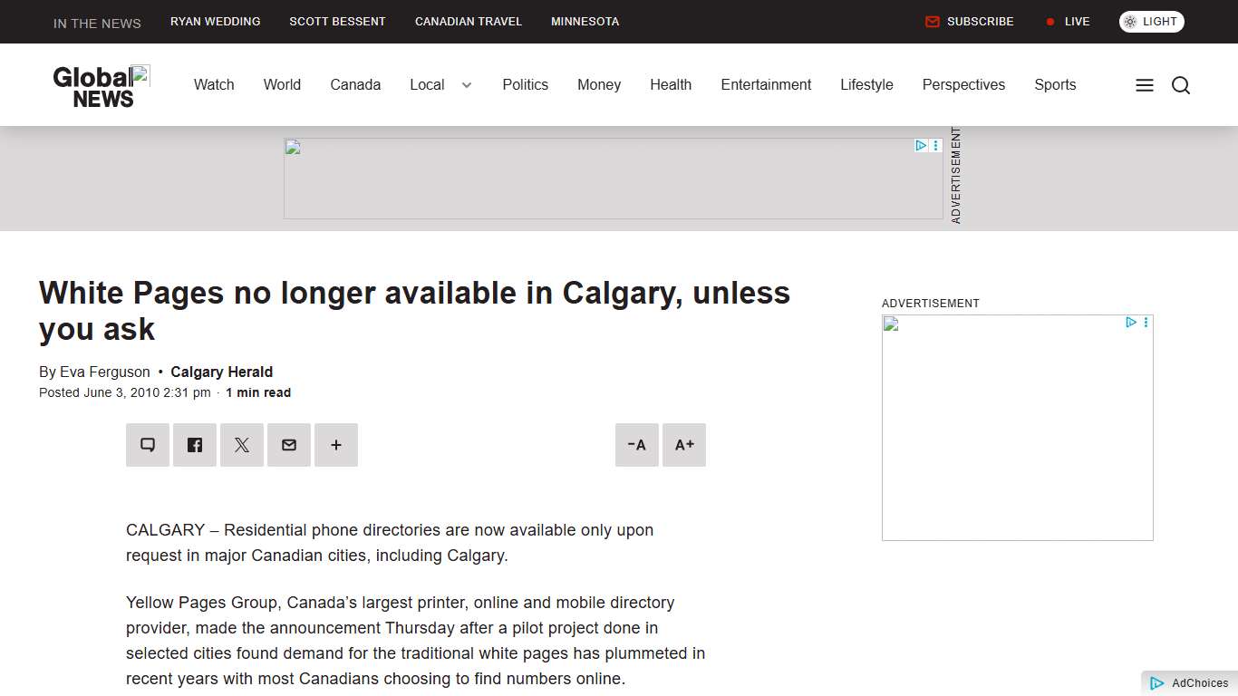 White Pages no longer available in Calgary, unless you ask Globalnews.ca